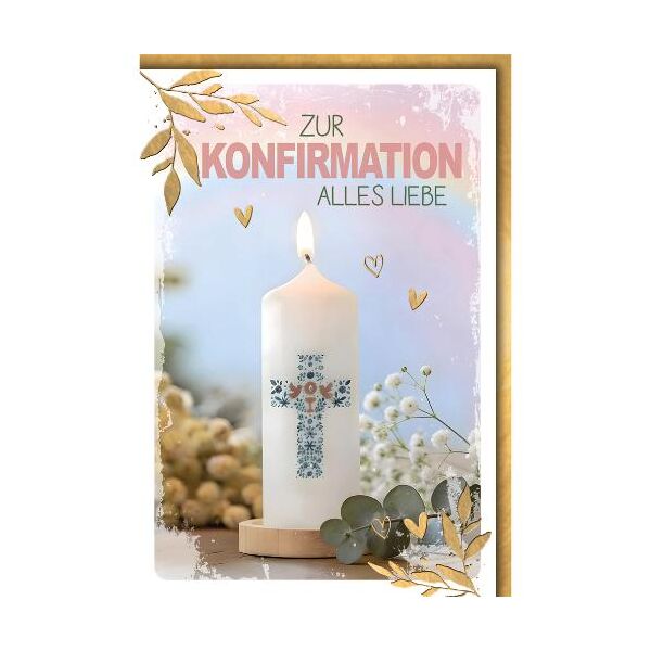 Konfirmation Glückwunschkarte mit Briefumschlag Kerze mit Kreuz Goldblätter Zweige