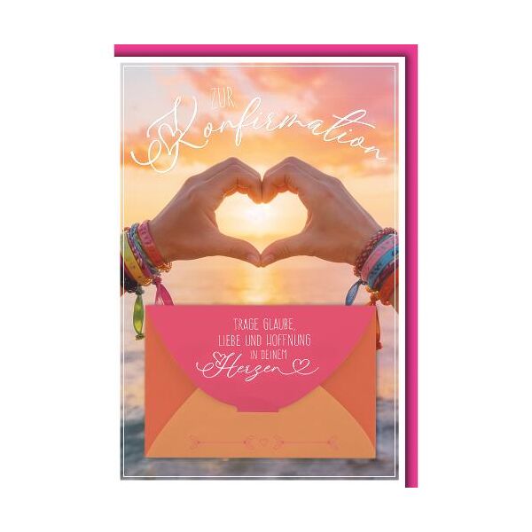 Konfirmation Glückwunschkarte mit Briefumschlag Geldkarte Hände bilden Herz vor Sonnenuntergang Glaube Liebe Hoffnung im Herzen