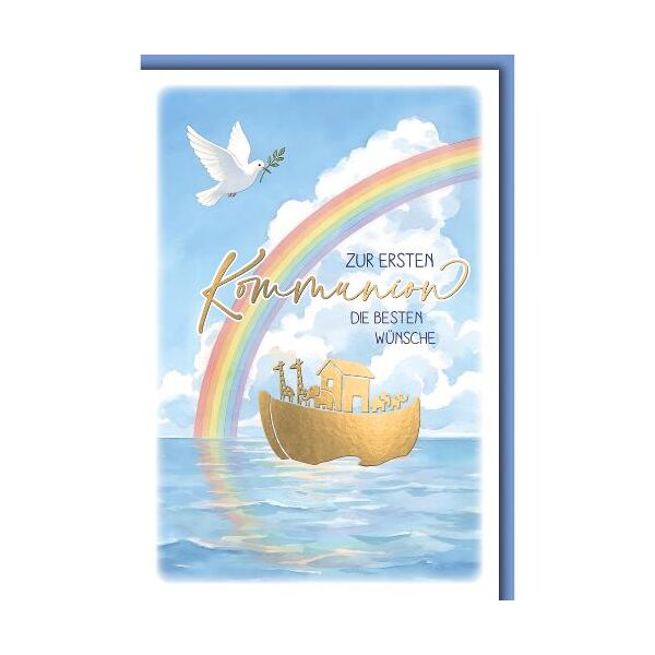 Kommunion Glückwunschkarte mit Briefumschlag Arche Noah Taube Regenbogen zur ersten Kommunion die besten Wünsche