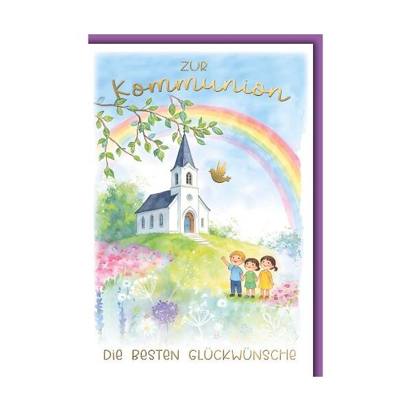 Kommunion Glückwunschkarte mit Briefumschlag Kirche Regenbogen Kinder Taube Goldfolie