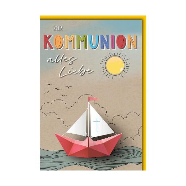 Kommunion Glückwunschkarte mit Briefumschlag Papierschiff und Sonne alles Liebe Regenbogenschrift