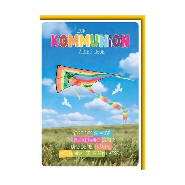 Kommunion Glückwunschkarte mit Briefumschlag bunter Papierdrachen Möge der Glaube dir Rückenwind geben