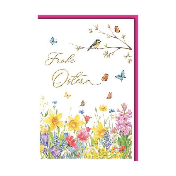 Ostern Grußkarte mit Briefumschlag Blumen Blaumeise Schmetterlinge Frohe Ostern