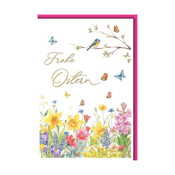 Ostern Grußkarte mit Briefumschlag Blumen Blaumeise Schmetterlinge Frohe Ostern