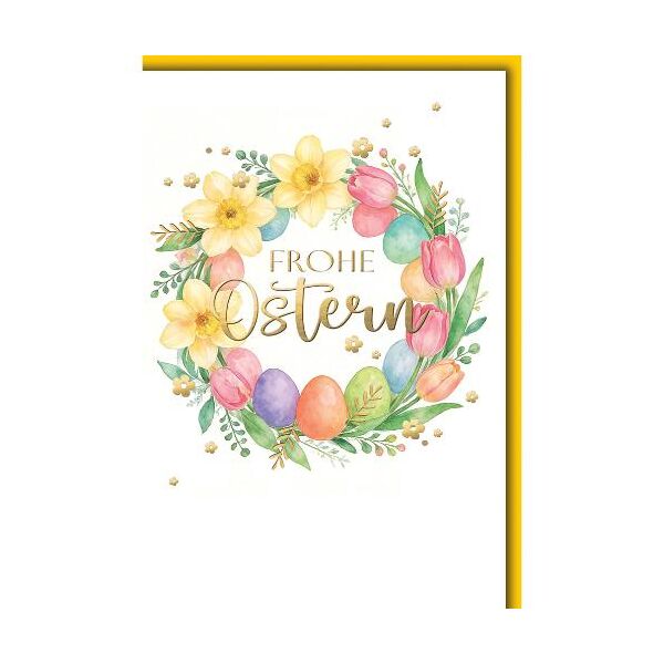 Ostern Grußkarte mit Briefumschlag Blumenkranz mit Ostereiern Goldfolie Frohe Ostern