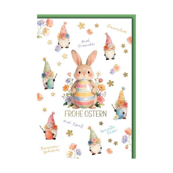 Ostern Grußkarte mit Briefumschlag Osterhase mit Ei und Wichtel Sonnenschein Familie viel Freude bunte Eier