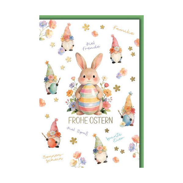Ostern Grußkarte mit Briefumschlag Osterhase mit Ei und Wichtel Sonnenschein Familie viel Freude bunte Eier