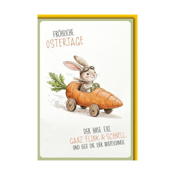 Ostern Grußkarte mit Briefumschlag Osterhase im Karottenauto Flink und Schnell Fröhliche Ostertage