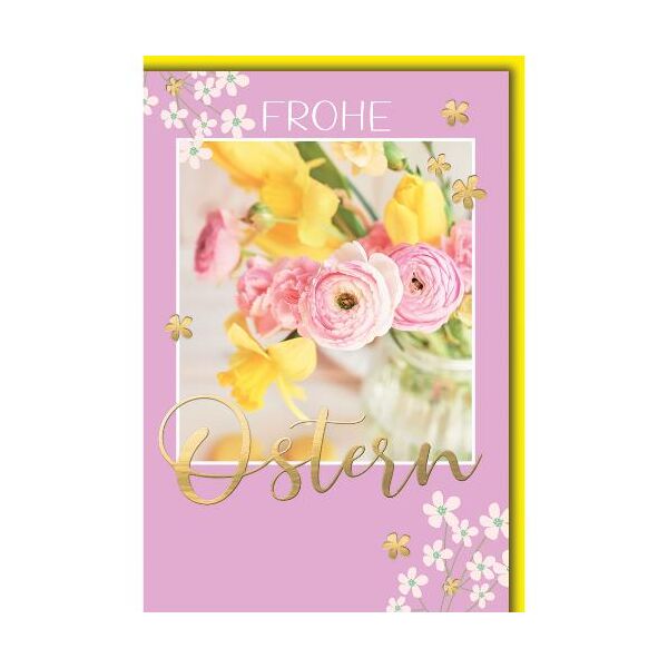 Ostern Grußkarte mit Briefumschlag Blumenstrauß auf Pink Goldfolie Frohe Ostern