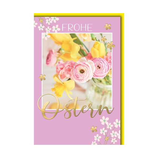 Ostern Grußkarte mit Briefumschlag Blumenstrauß auf Pink Goldfolie Frohe Ostern