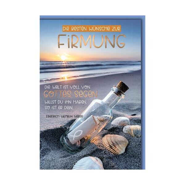 Firmung Glückwunschkarte mit Briefumschlag Flaschenpost Strand Muscheln Gottes Segen