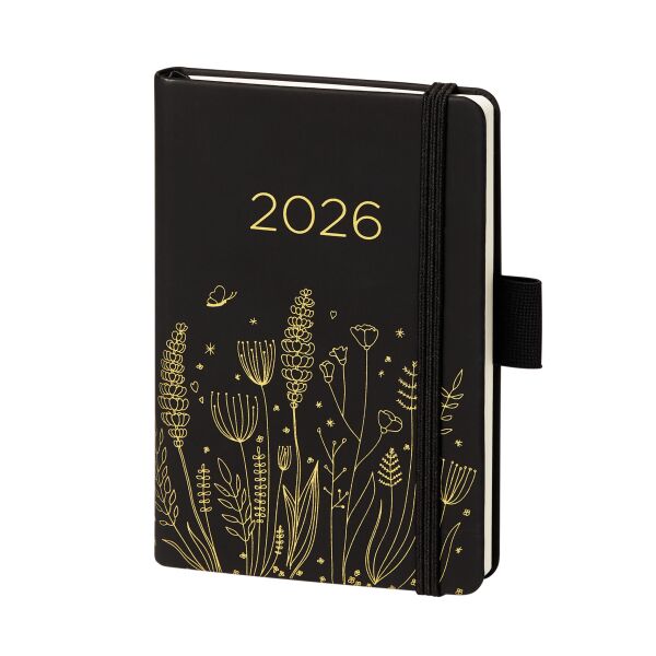 Sale Sonderpreis Kalender 2026 V-Book Buchkalender A6 Hardcover schwarz mit goldenen Blumen UVP: 11,49