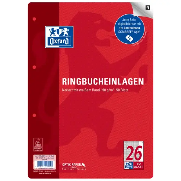 Oxford A4 Ringbucheinlagen, Lineatur 26, Optik Paper®, 4fach Lochung, SCRIBZEE® kompatibel kariert weißer Rand