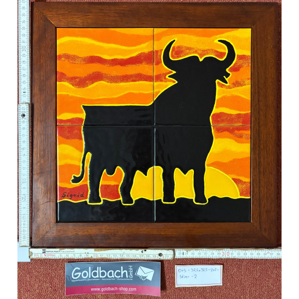Kachelbild Stier Sonnenuntergang Espana mit Rahmen 2x2 Kacheln im Format 15x15cm Gesamtgröße mit Rahmen 37,5 x 37,5 cm