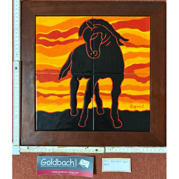 Kachelbild Pferd Sonnenuntergang Abendrot mit Rahmen 2x2 Kacheln im Format 15x15cm Gesamtgröße mit Rahmen 37,5 x 37,5 cm