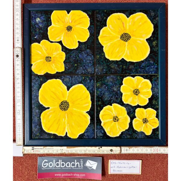 Kachelbild gelbe Blumen auf Blau mit Rahmen 2x2 Kacheln im Format 15x15cm Gesamtgröße mit Rahmen 32,4 x 32,4 cm