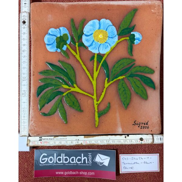 Kachelbild blaue Blume Blumenstrauß bemalte Terracottaplatte 24x24 cm