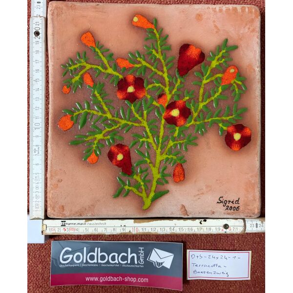 Kachelbild Beerenzweig orange-rot-grün bemalte Terracottaplatte 24x24 cm