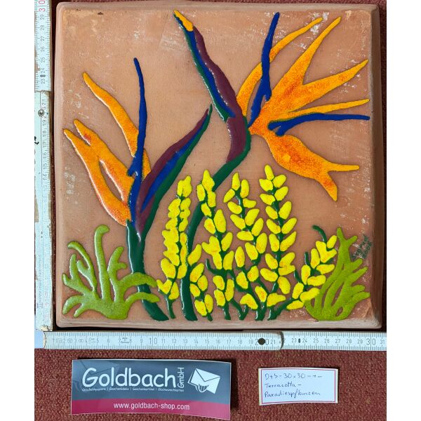 Kachelbild Paradiespflanzen bemalte Terracottaplatte 30 x 30 cm