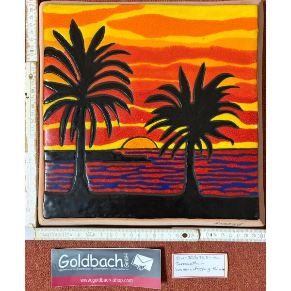 Kachelbild Palmen Meer Sonnenuntergang handbemalte Terracottaplatte 30,5 x 30,5 cm von Dieter und Sigrid Goldbach