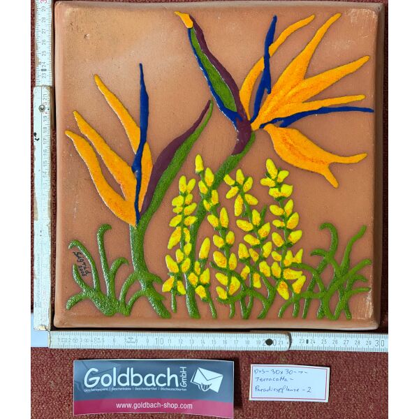 Kachelbild von 2006 Paradiespflanzen handbemalte Terracottaplatte 30 x 30 cm von Sigrid Goldbach