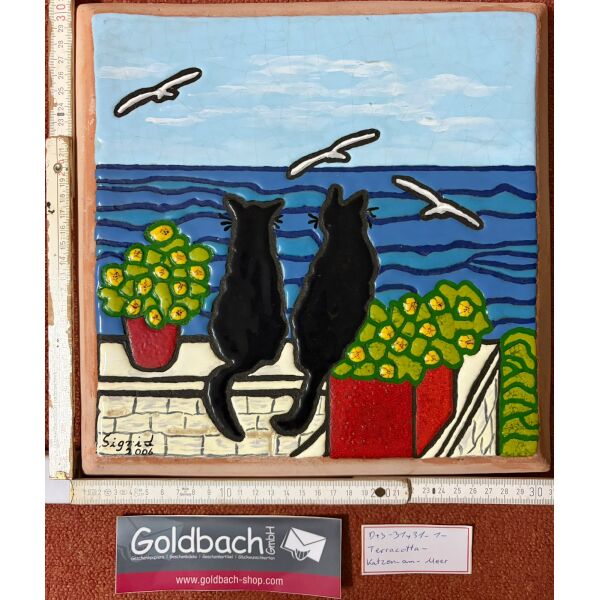 Kachelbild Katzen am Meer handbemalte Terracottaplatte 31x31 cm von Sigrid Goldbach aus 2006