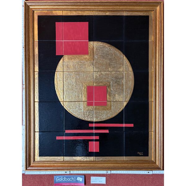 Kachelbild mit Goldlegierung und edlem Rahmen grapisch schwarz-rot-gold handgemaltes Unikat von Dieter und Sigrid Goldbach aus dem Jahr 2004