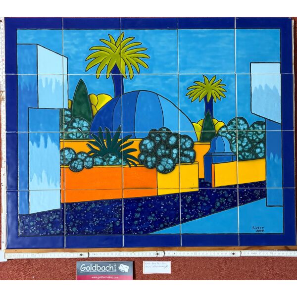 Kachelbild südländische blaue Mosaiklandschaft Unikat handbemalte Kacheln 60x76cm von Dieter Goldbach 2008