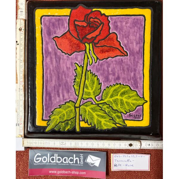 Kachelbild Rose Blume Unikat handbemalte Terracottaplatte 25,5 x 25,5cm von Dieter und Sigrid Goldbach aus 2007