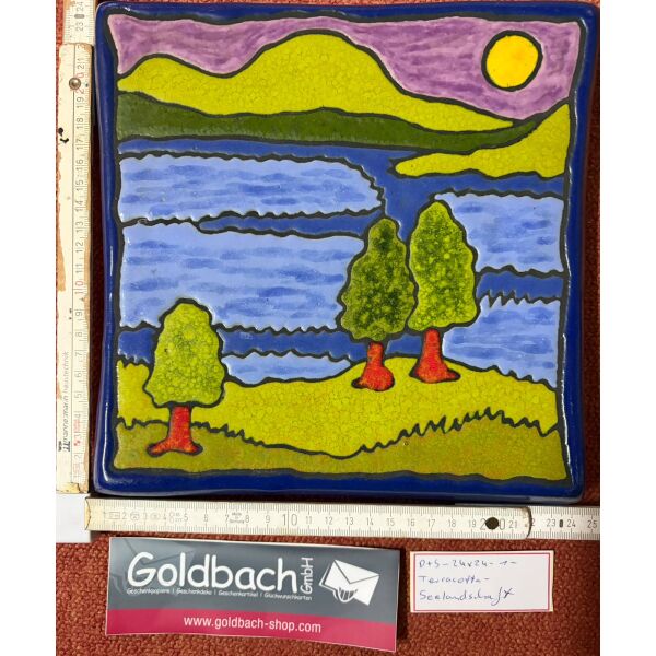 Kachelbild Seenlandschaft Berge Unikat handbemalte Terracottaplatte 24 x 24cm von Dieter und Sigrid Goldbach
