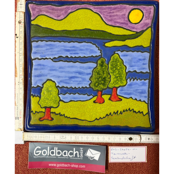 Kachelbild Seenlandschaft Berge Unikat handbemalte Terracottaplatte 24 x 24cm von Dieter und Sigrid Goldbach