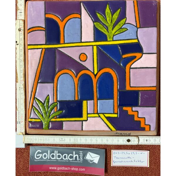 Kachelbild Geometriearchitektur Unikat handbemalte Terracottaplatte 25,5 x 25,5cm von Dieter und Sigrid Goldbach