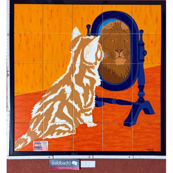 Kachelbild Katze im Spiegel Löwe Unikat handbemalte Kacheln 77x77cm von Dieter und Sigrid Goldbach