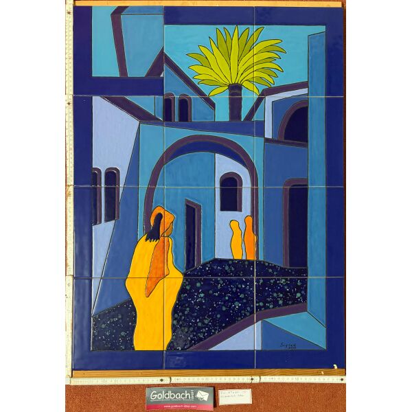 Kachelbild südländische Stadt orientalisch blau Unikat handbemalte Kacheln 81x60 cm von Dieter und Sigrid Goldbach