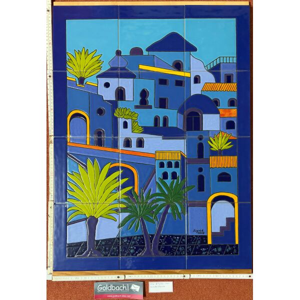 Kachelbild blau Küstenhäuser Unikat handbemalte Kacheln 81x60 cm von Dieter und Sigrid Goldbach