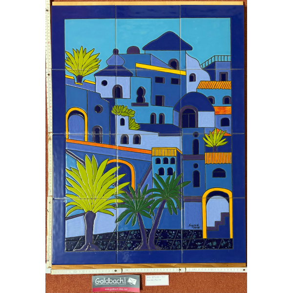 Kachelbild blau Küstenhäuser Unikat handbemalte Kacheln 81x60 cm von Dieter und Sigrid Goldbach