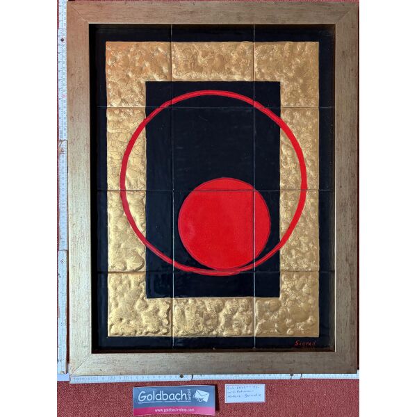 Kachelbild mit Blattgold in hochwertigem Rahmen geometrische Form handgemaltes Unikat von Dieter und Sigrid Goldbach