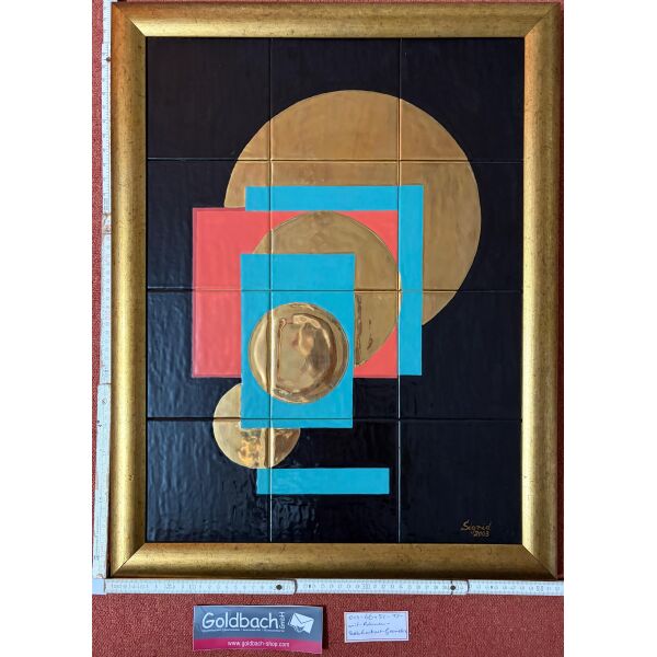 Kachelbild mit Blattgold in hochwertigem Rahmen geometrische Farbkontraste handgemaltes Unikat von Dieter und Sigrid Goldbach