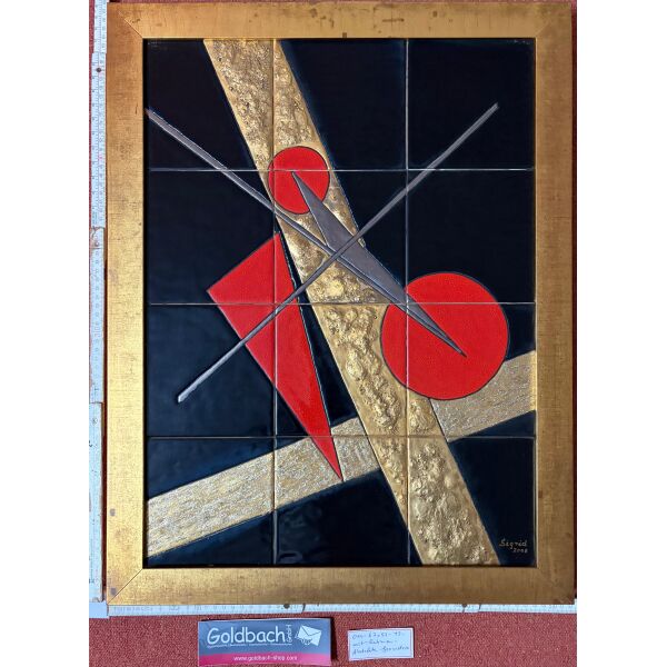 Kachelbild mit Blattgold in hochwertigem Rahmen abstrakte Geometrie handgemaltes Unikat von Dieter und Sigrid Goldbach