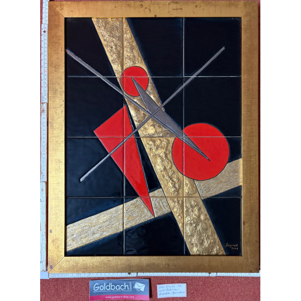 Kachelbild mit Blattgold in hochwertigem Rahmen abstrakte Geometrie handgemaltes Unikat von Dieter und Sigrid Goldbach