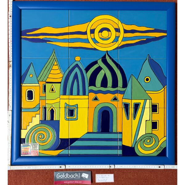 Kachelbild afrikanisches Dorf Marokko Algerien blaue Stadt Unikat handbemalte Kacheln 66x66 cm von Dieter und Sigrid Goldbach