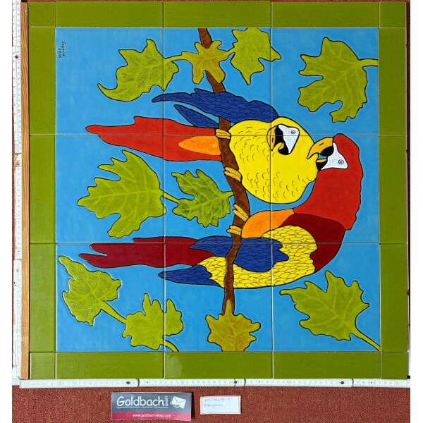 Kachelbild Papageien Unikat handbemalte Kacheln 70x70 cm von Dieter und Sigrid Goldbach Kachelkunst