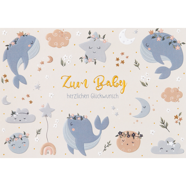 Geburt Baby Mond Wale Sterne Zum Baby herzlichen Glückwunsch unverpackte Glückwunschkarte mit Umschlag