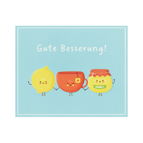 Genesung Gute Besserung Zitrone Tee & Honig Midikarte Minikarte Blumenkärtchen mit Klammer