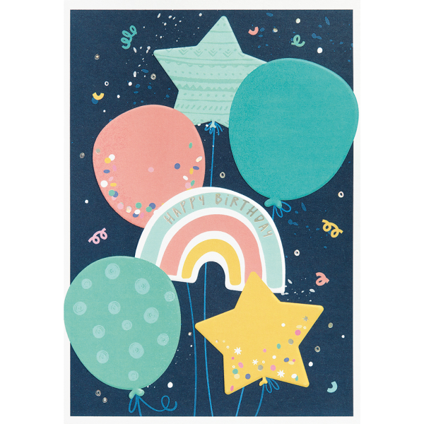 Geburtstag Happy Birthday Ballon Stern Regenbogen unverpackte Glückwunschkarte mit Umschlag