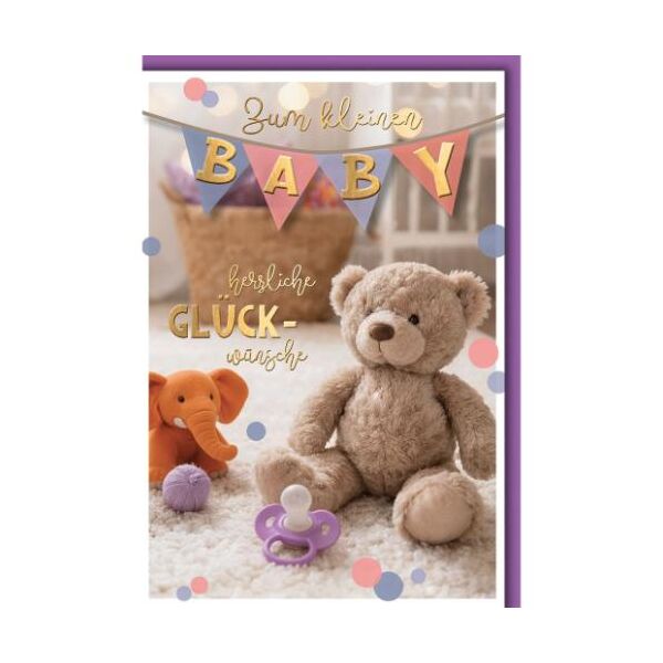 Geburt Baby Glückwunschkarte mit Umschlag Zum kleinen Baby herzliche Glückwünsche Teddy und Plüschelefant Schnuller