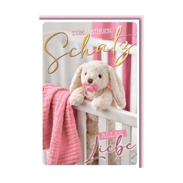 Geburt Baby Glückwunschkarte mit Umschlag Mädchen Hase im Babybett rosa Tuch zum süßen Schatz Alles Liebe