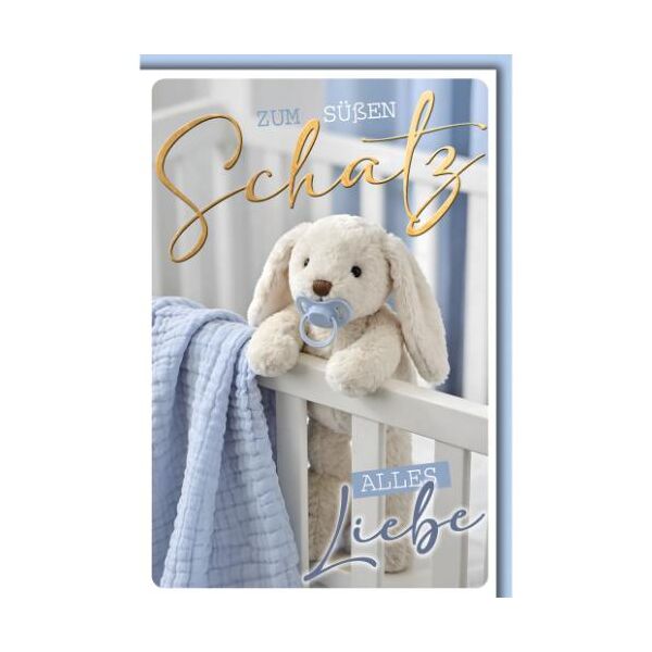Geburt Baby Glückwunschkarte mit Umschlag Junge Hase im Babybett blaues Tuch zum süßen Schatz Alles Liebe