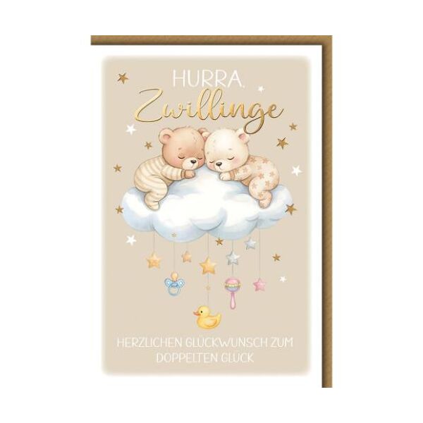 Geburt Baby Glückwunschkarte mit Umschlag Zwillinge Teddys auf Wolke Herzlichen Glückwunsch zum Doppelten Glück
