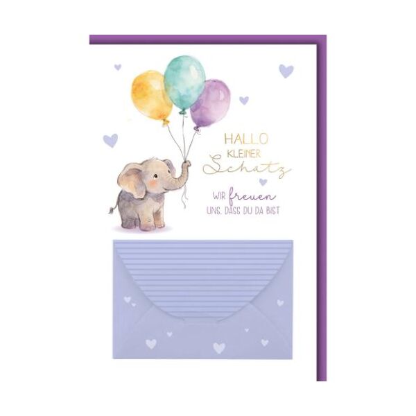 Geburt Baby Geldkarte Glückwunschkarte mit Umschlag Elefant mit Luftballons Herzen Hallo kleiner Schatz wir freuen uns, dass du da bist